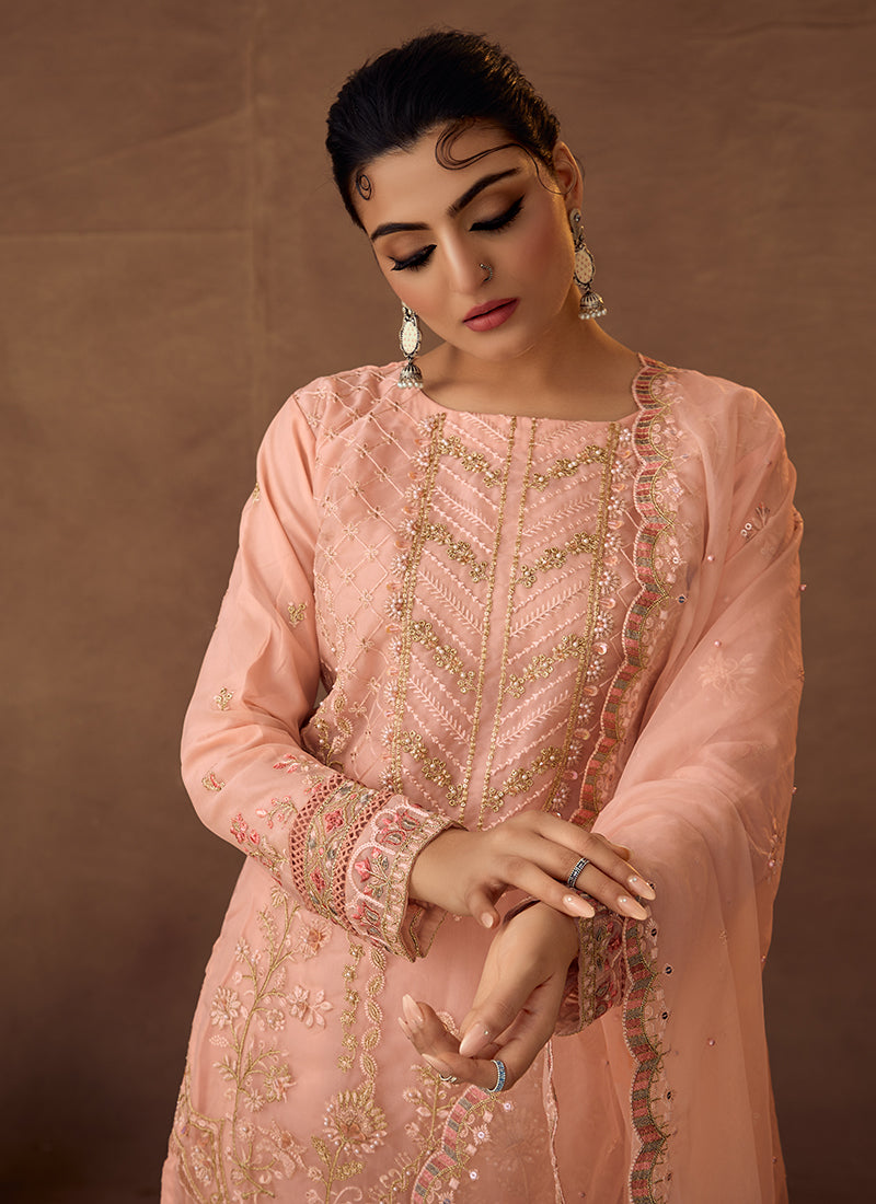 Peach Designer Embroidered Organza Pant Suit