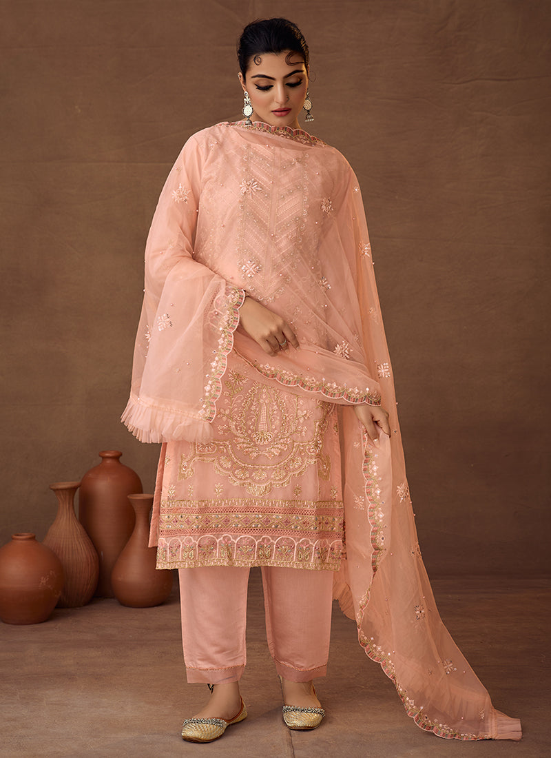 Peach Designer Embroidered Organza Pant Suit