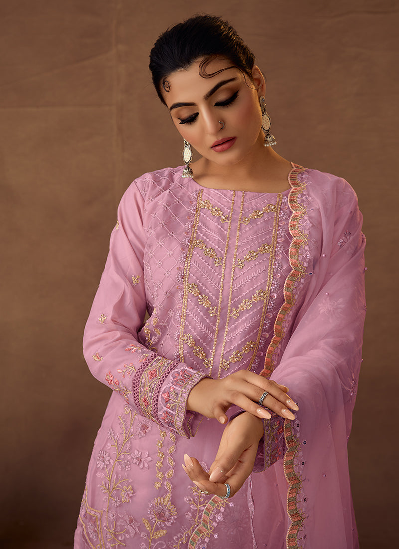 Purple Designer Embroidered Organza Pant Suit