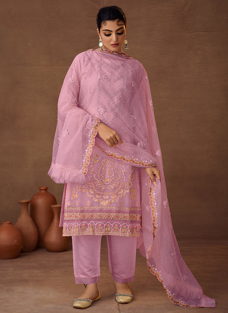 Purple Designer Embroidered Organza Pant Suit