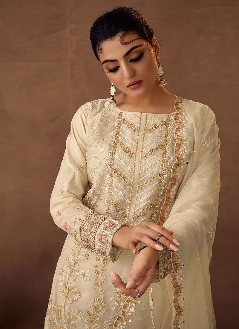 Beige Designer Embroidered Organza Pant Suit