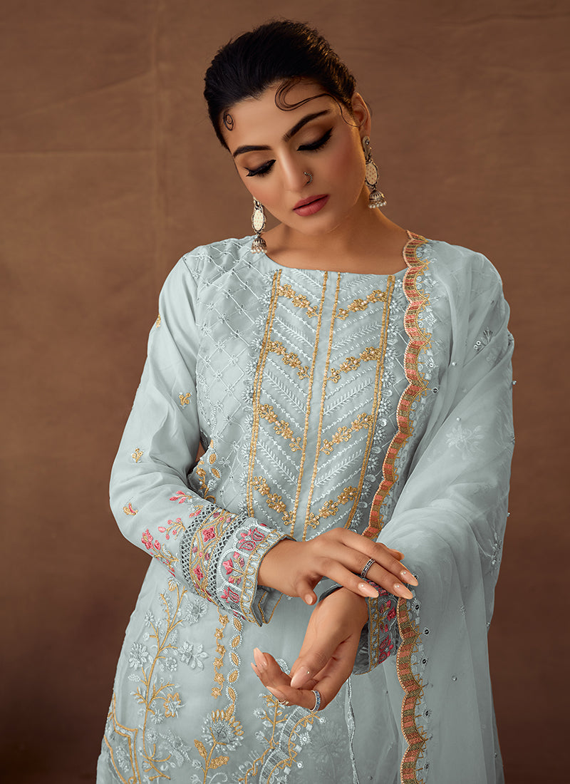 Blue Designer Embroidered Organza Pant Suit