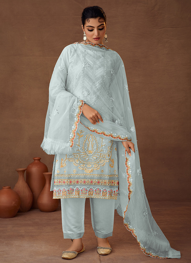 Blue Designer Embroidered Organza Pant Suit