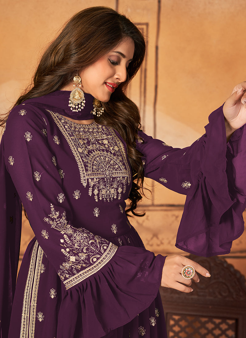 Dark Purple Georgette Embroidered Festive Palazzo Suit