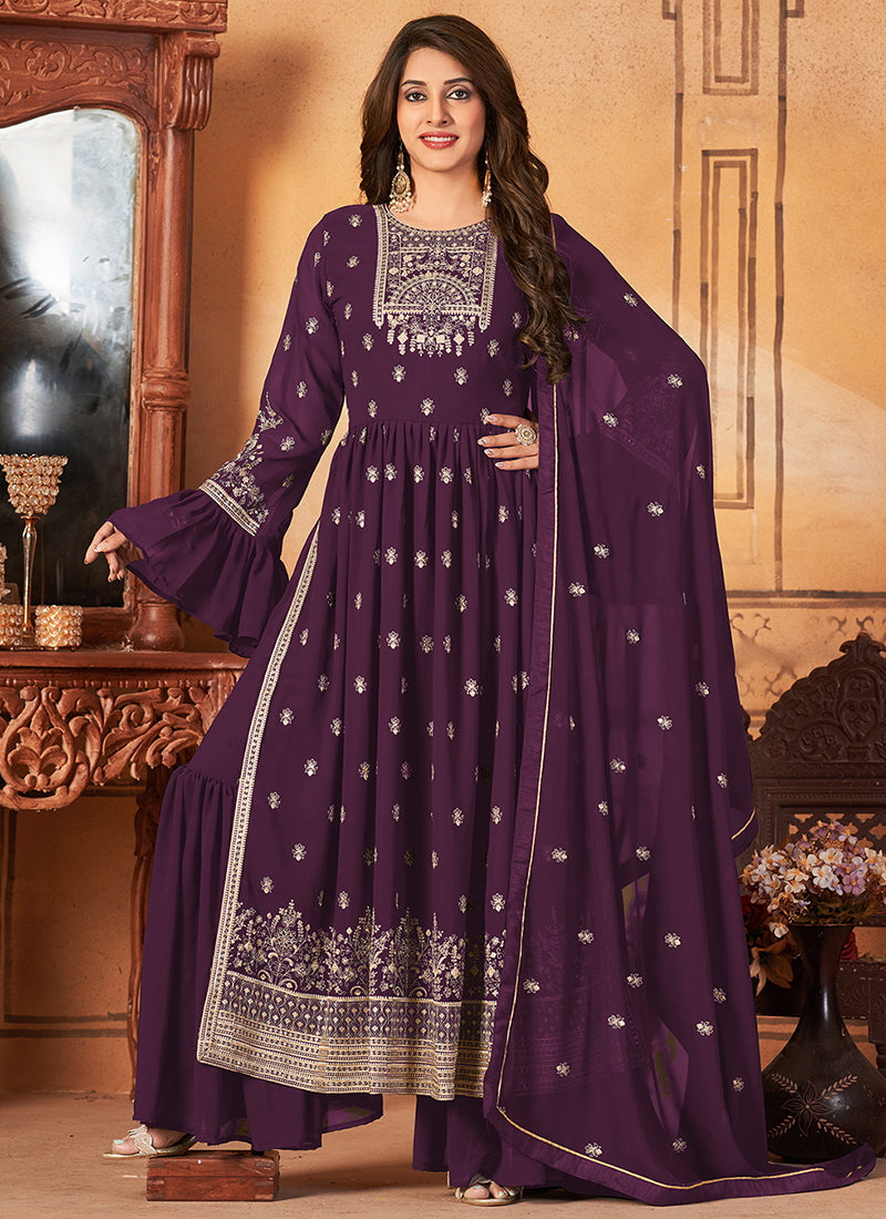 Dark Purple Georgette Embroidered Festive Palazzo Suit