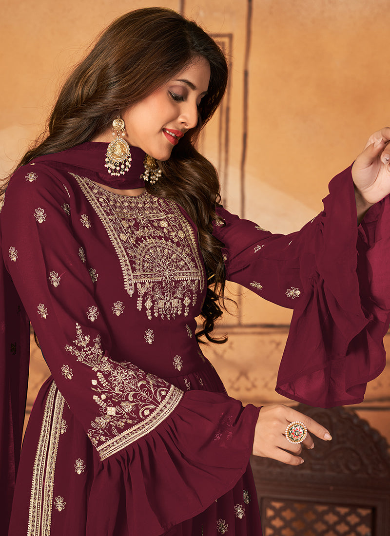 Maroon Georgette Embroidered Festive Palazzo Suit