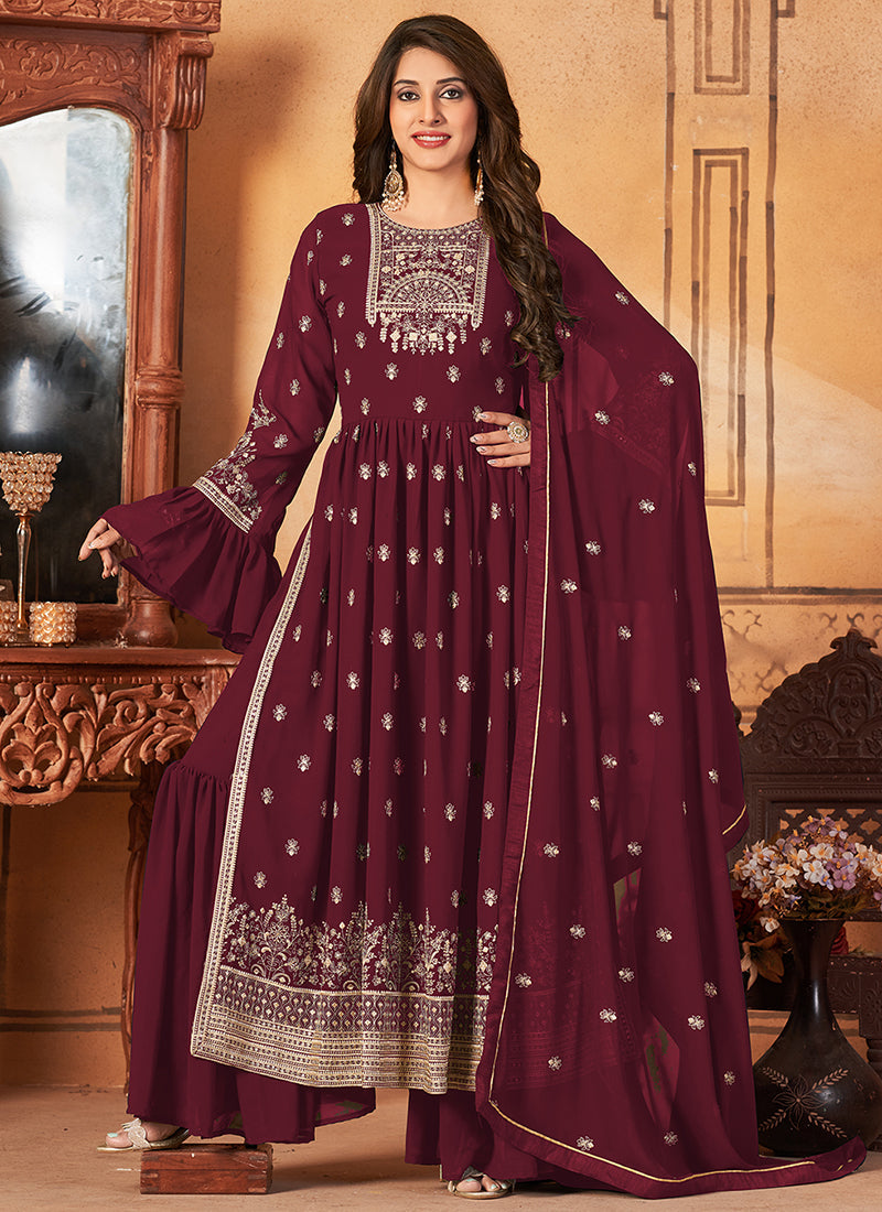 Maroon Georgette Embroidered Festive Palazzo Suit