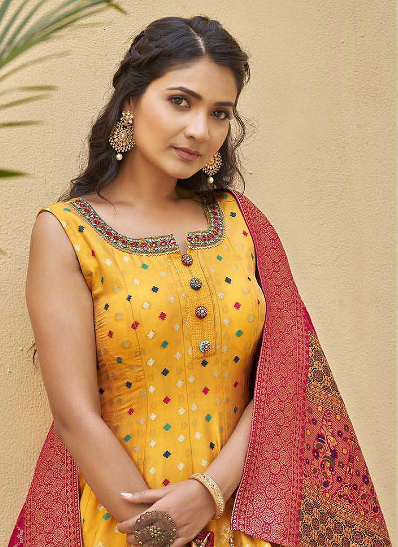 Yellow Mirror Work Embroidery Silk Anarkali Suit