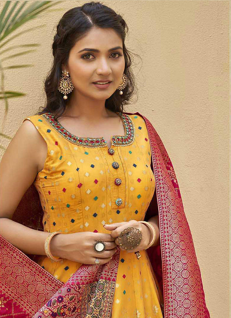 Yellow Mirror Work Embroidery Silk Anarkali Suit