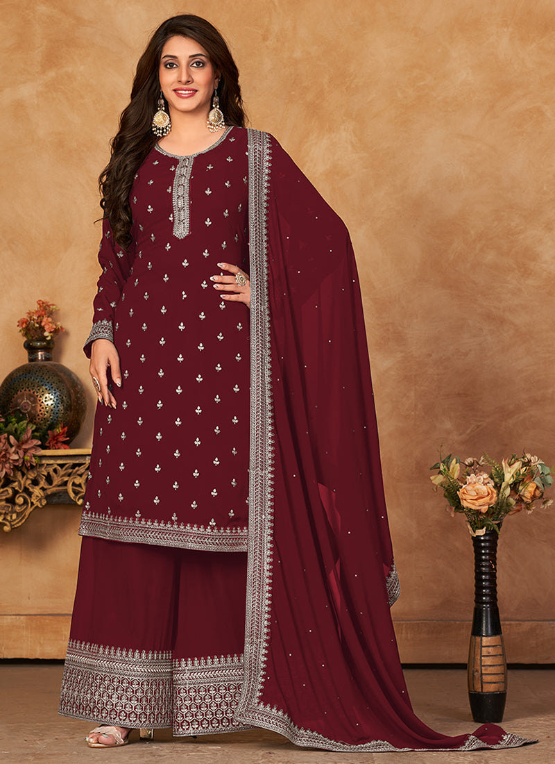 Maroon Embroidery Traditional Palazzo Suit