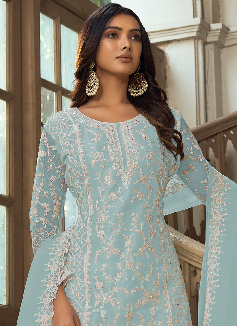 Sky Blue Embroidery Pakistani Pant Style Suit