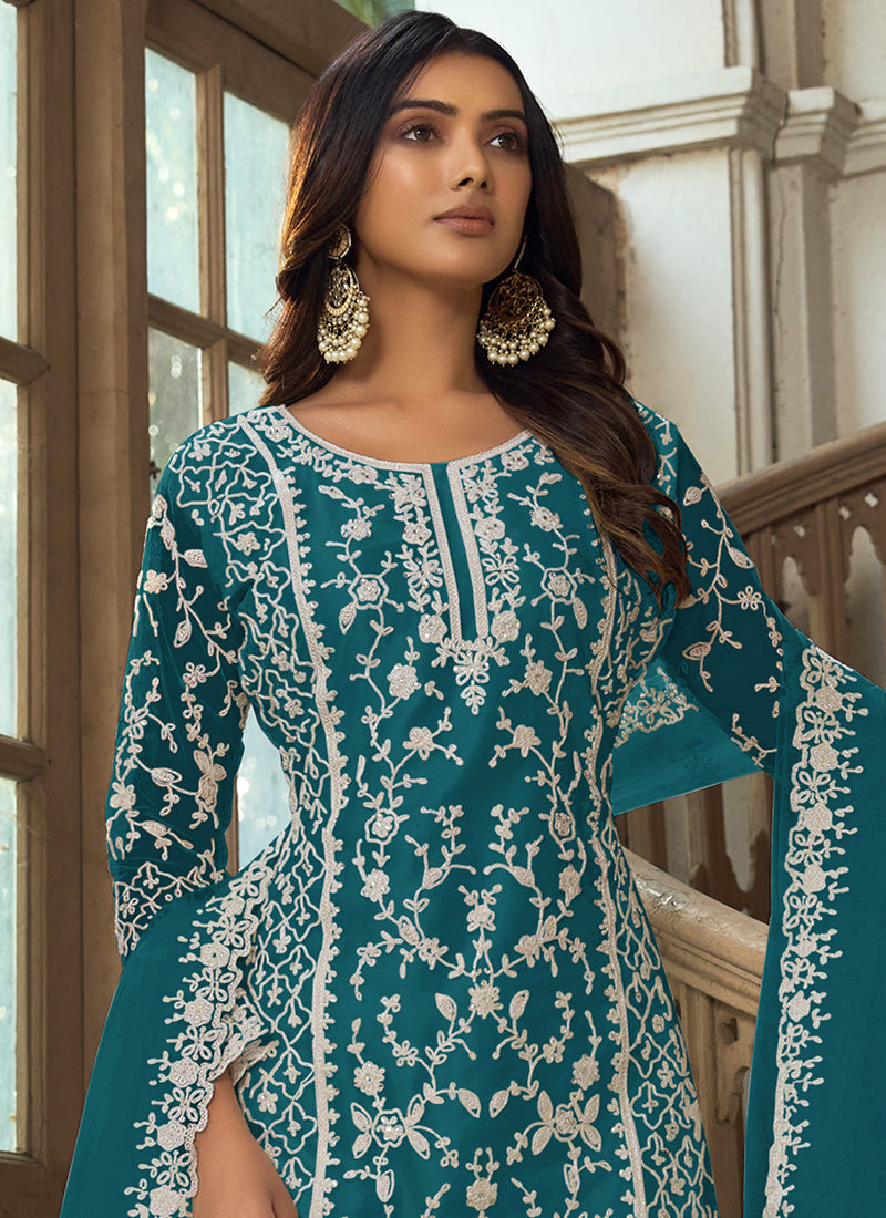 Turquoise Embroidery Pakistani Pant Style Suit