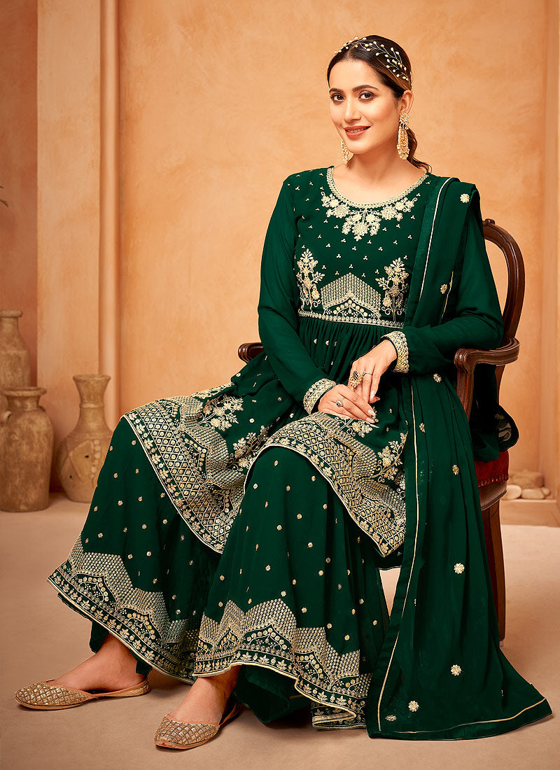 Dark Green Sequence Embroidery Anarkali Gharara Suit