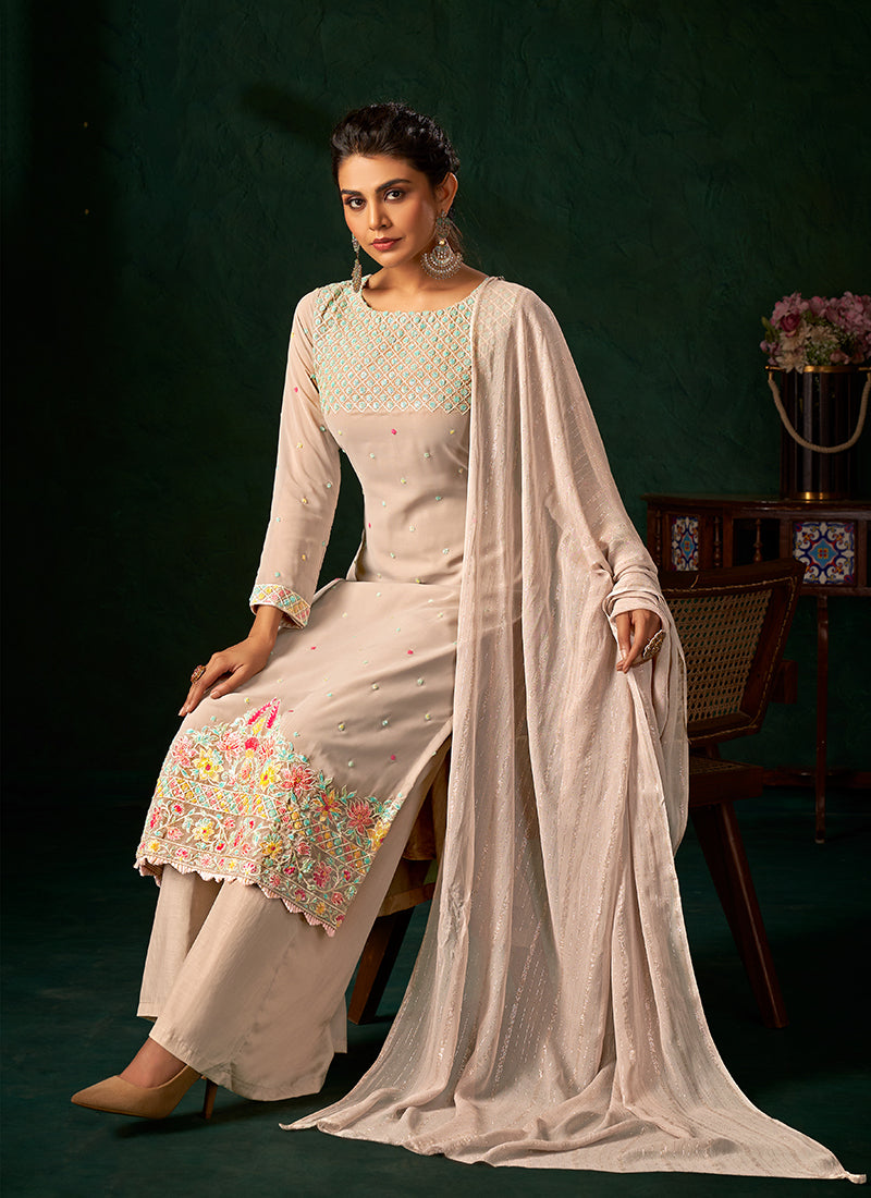 Pale Peach Multi Embroidery Traditional Palazzo Suit