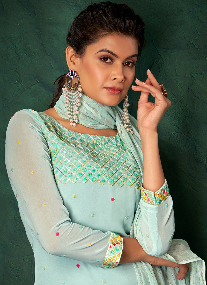 Sky Blue Multi Embroidery Traditional Palazzo Suit