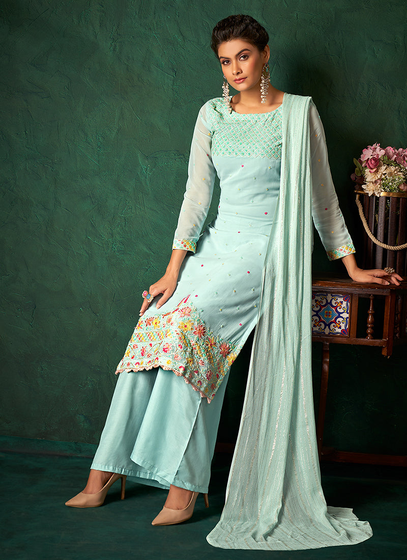 Sky Blue Multi Embroidery Traditional Palazzo Suit