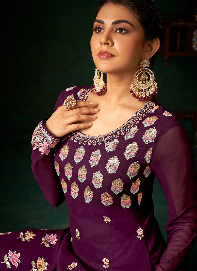 Purple Multi Embroidery Traditional Palazzo Suit