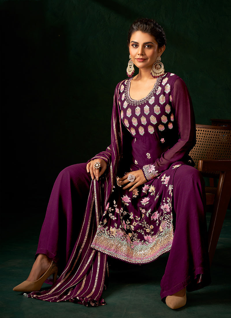 Purple Multi Embroidery Traditional Palazzo Suit