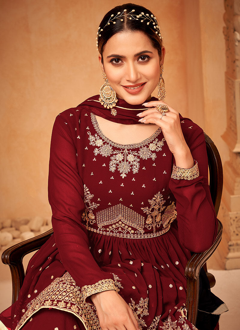 Crimson Red Sequence Embroidery Anarkali Gharara Suit