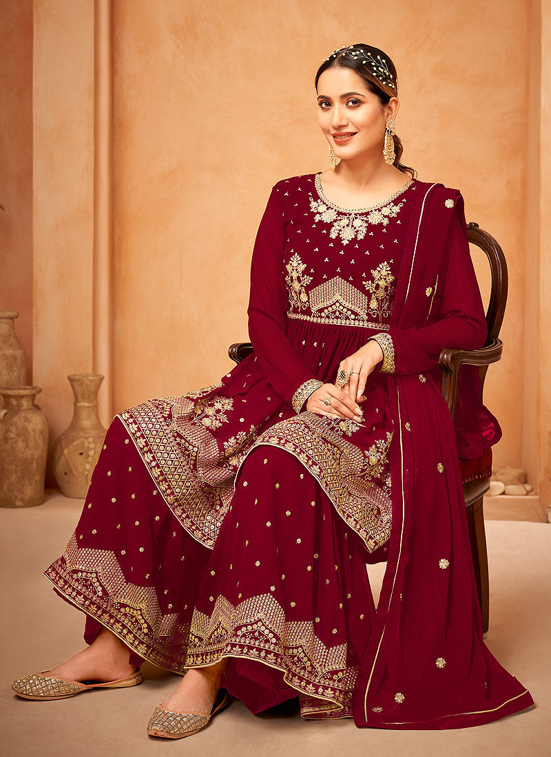 Crimson Red Sequence Embroidery Anarkali Gharara Suit