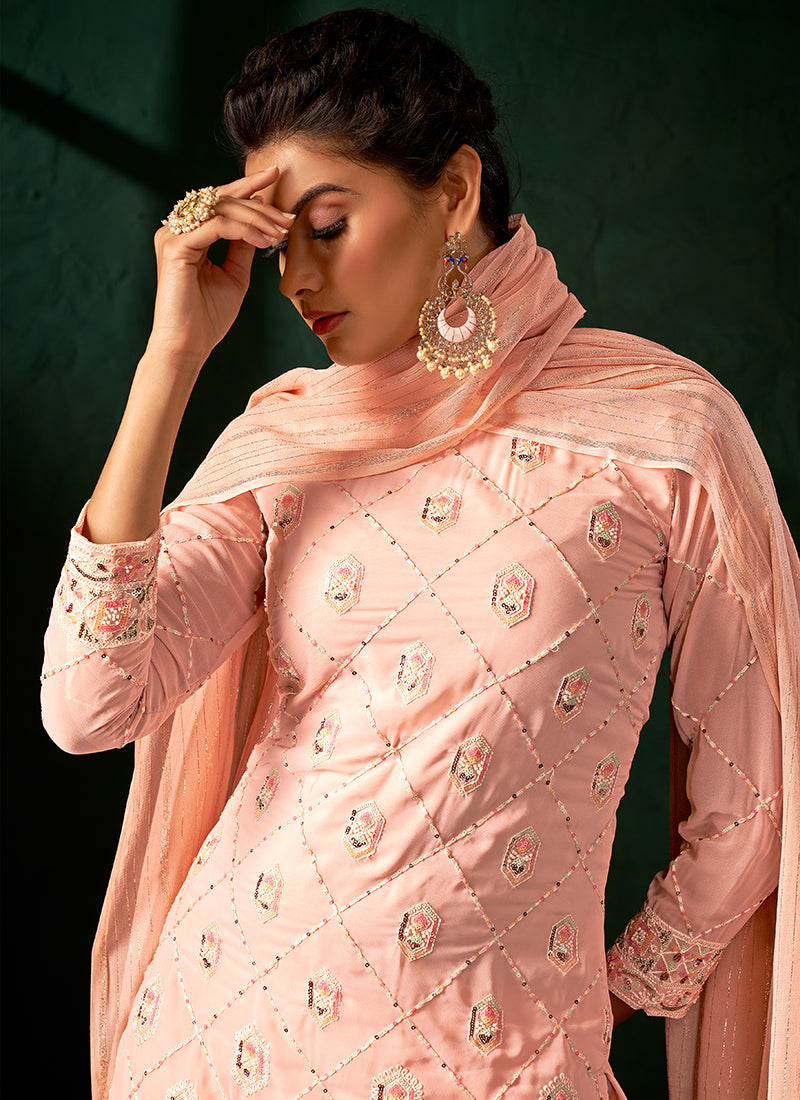 Peach Multi Embroidery Traditional Palazzo Suit