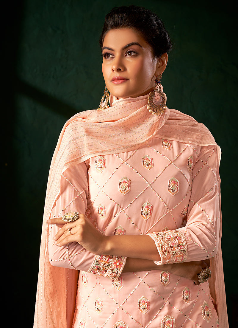 Peach Multi Embroidery Traditional Palazzo Suit