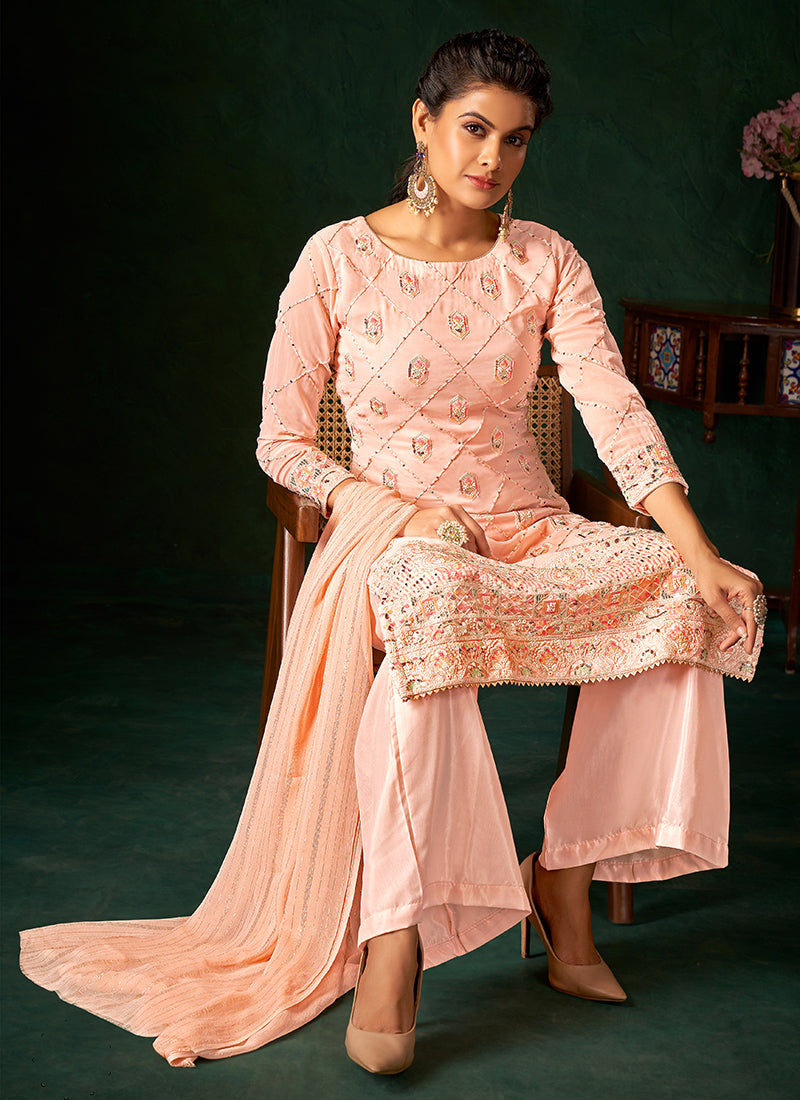 Peach Multi Embroidery Traditional Palazzo Suit