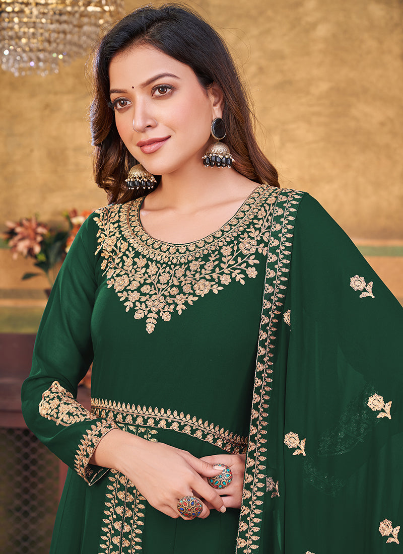 Green Slit Style Embroidered Anarkali Pants Suit