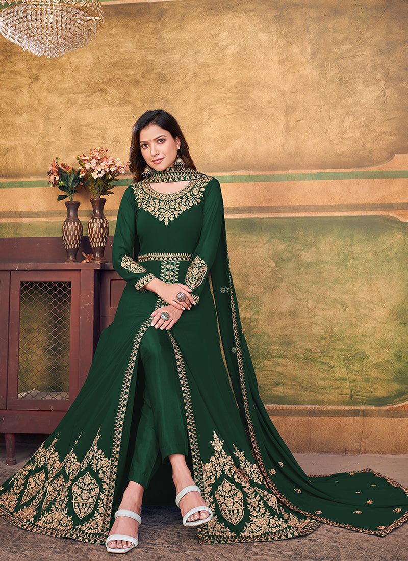 Green Slit Style Embroidered Anarkali Pants Suit