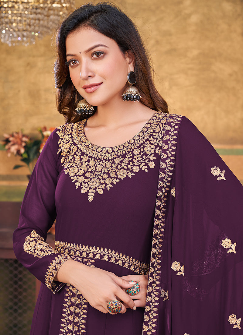 Purple Slit Style Embroidered Anarkali Pants Suit