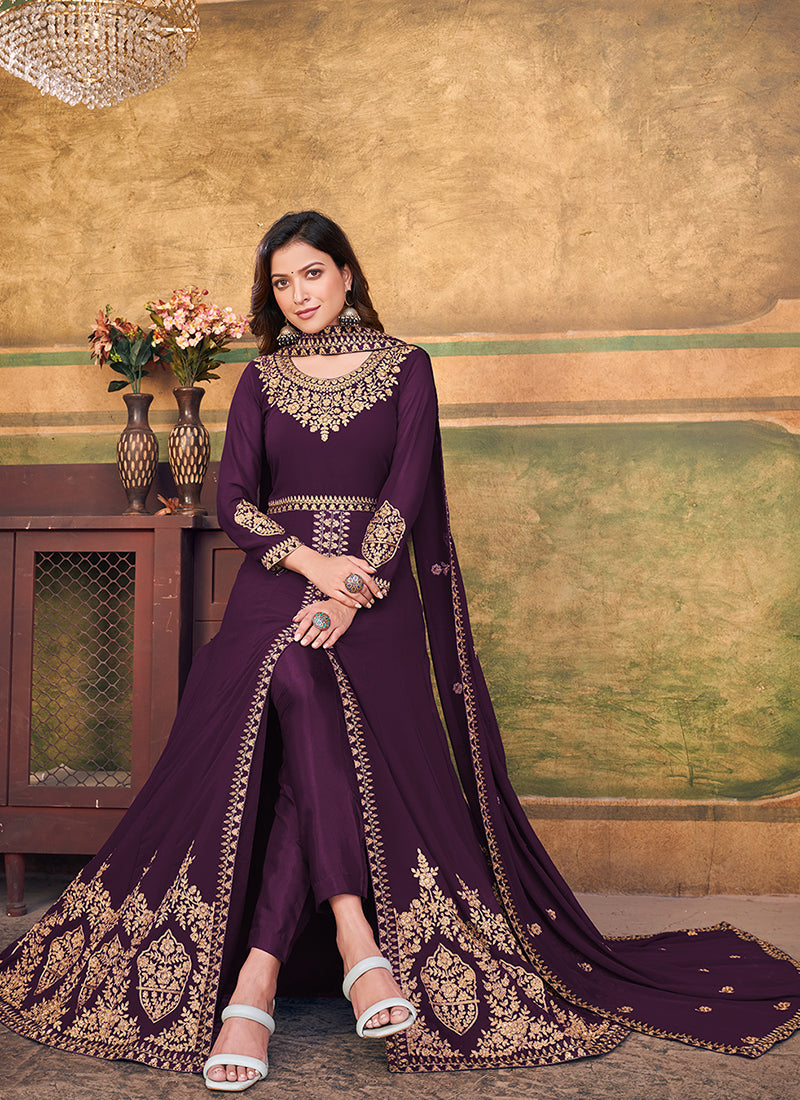 Purple Slit Style Embroidered Anarkali Pants Suit