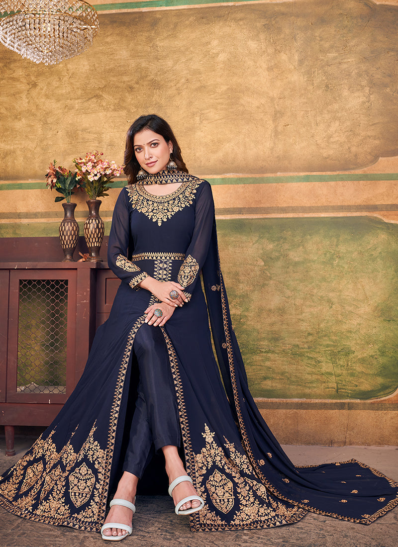 Dark Blue Slit Style Embroidered Anarkali Pants Suit