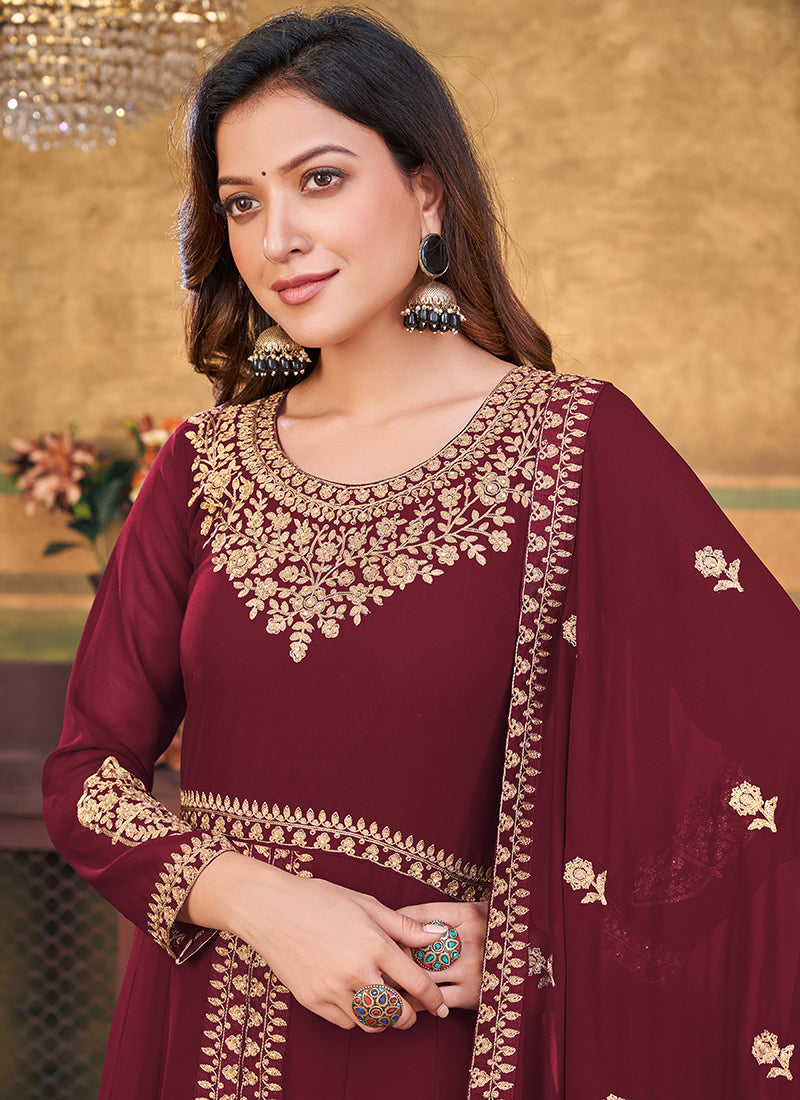 Maroon Slit Style Embroidered Anarkali Pants Suit