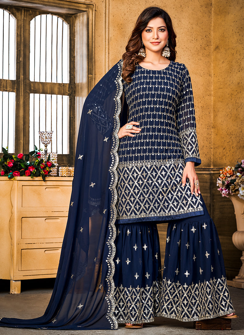 Blue Sequence Embroidery Wedding Gharara Style Suit