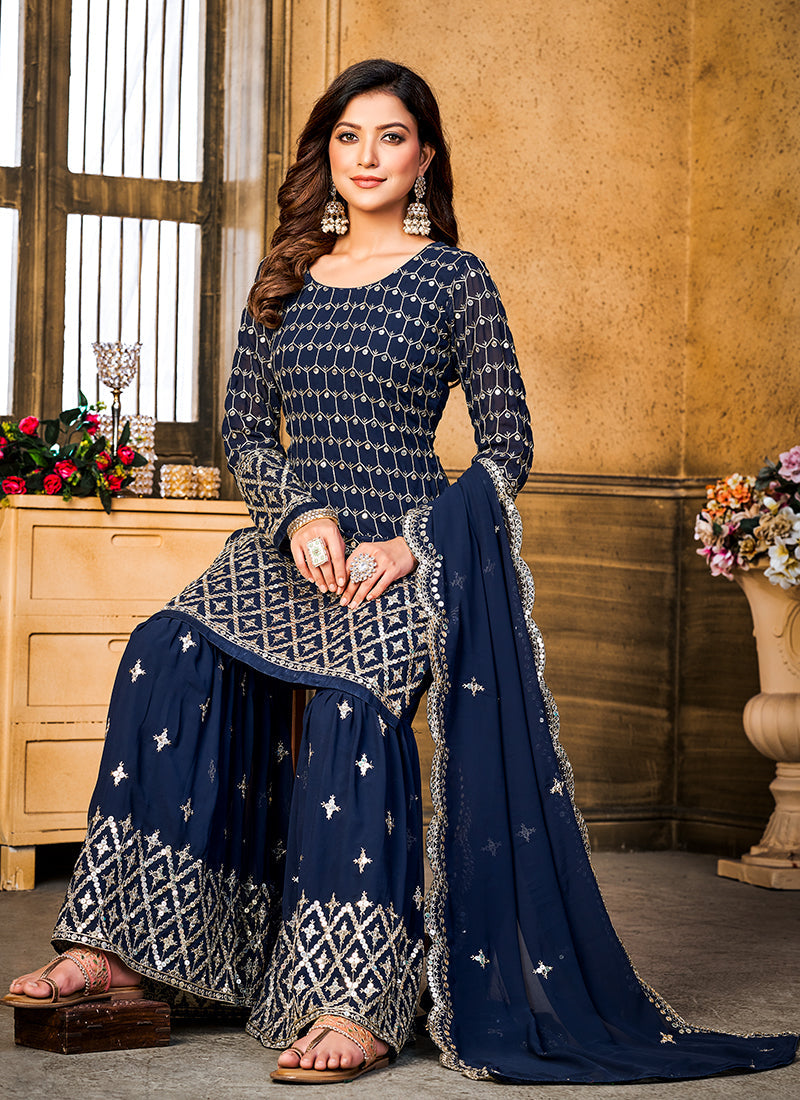 Blue Sequence Embroidery Wedding Gharara Style Suit