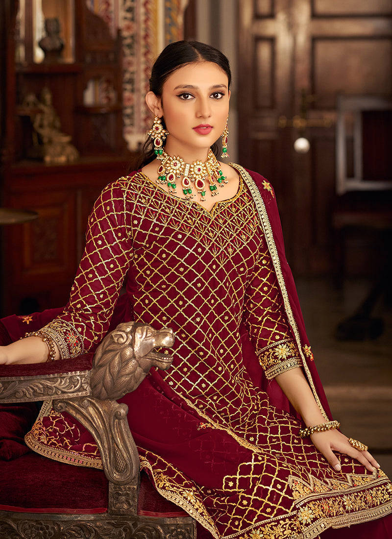 Maroon Multi Embroidery Traditional Palazzo Suit