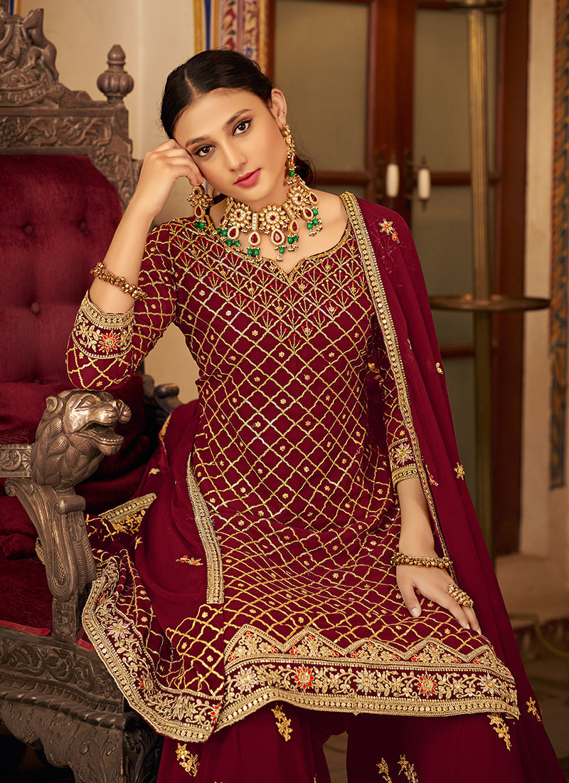 Maroon Multi Embroidery Traditional Palazzo Suit