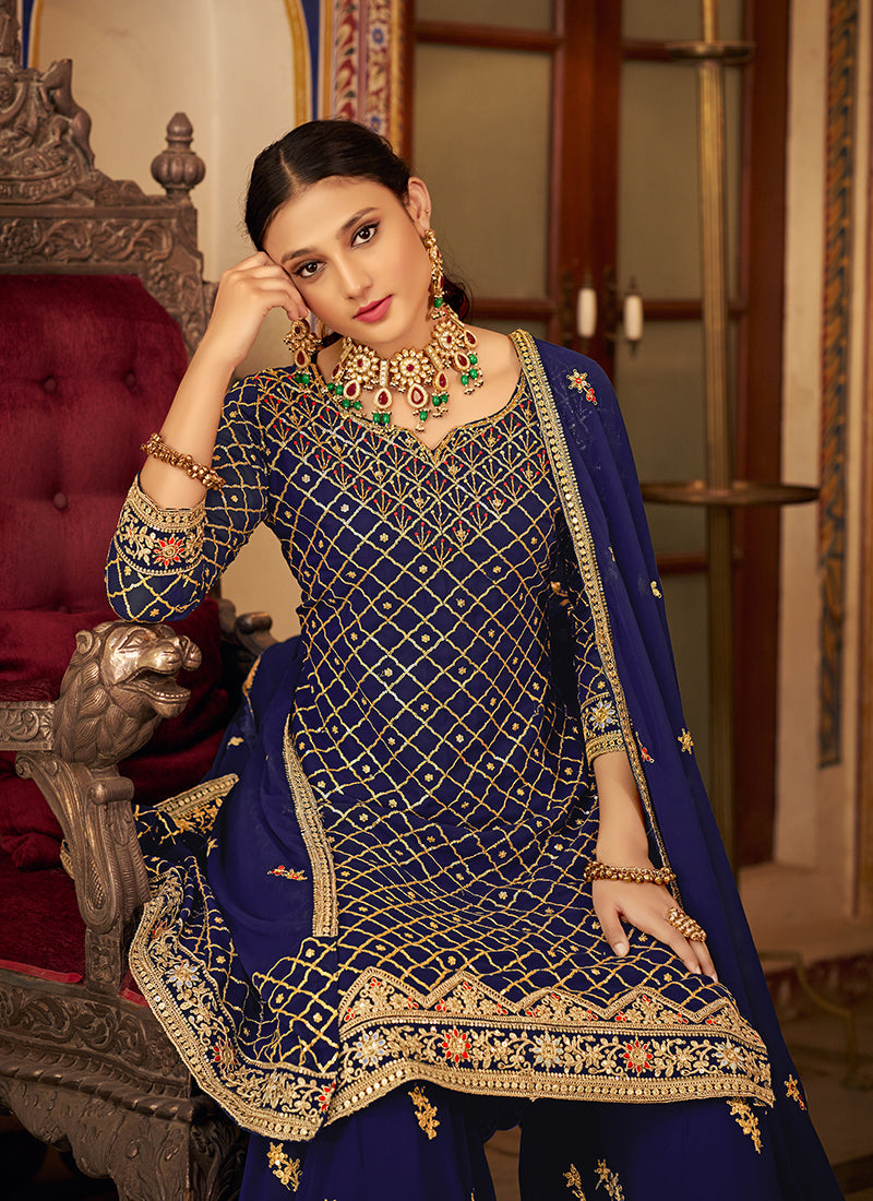 Royal Blue Multi Embroidery Traditional Palazzo Suit