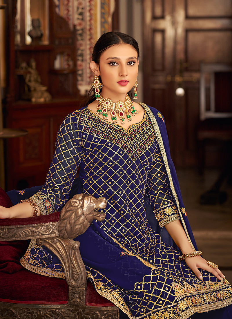 Royal Blue Multi Embroidery Traditional Palazzo Suit