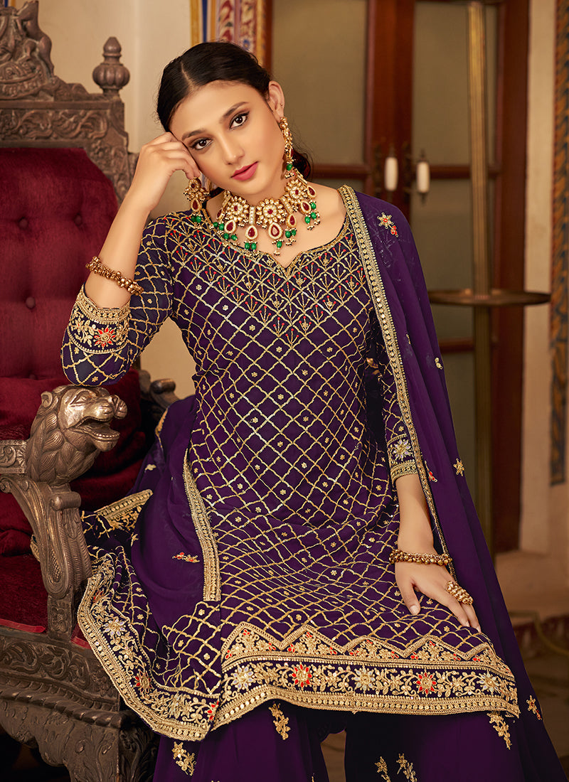 Purple Multi Embroidery Traditional Palazzo Suit