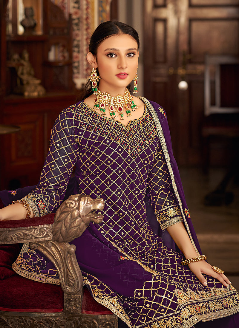 Purple Multi Embroidery Traditional Palazzo Suit