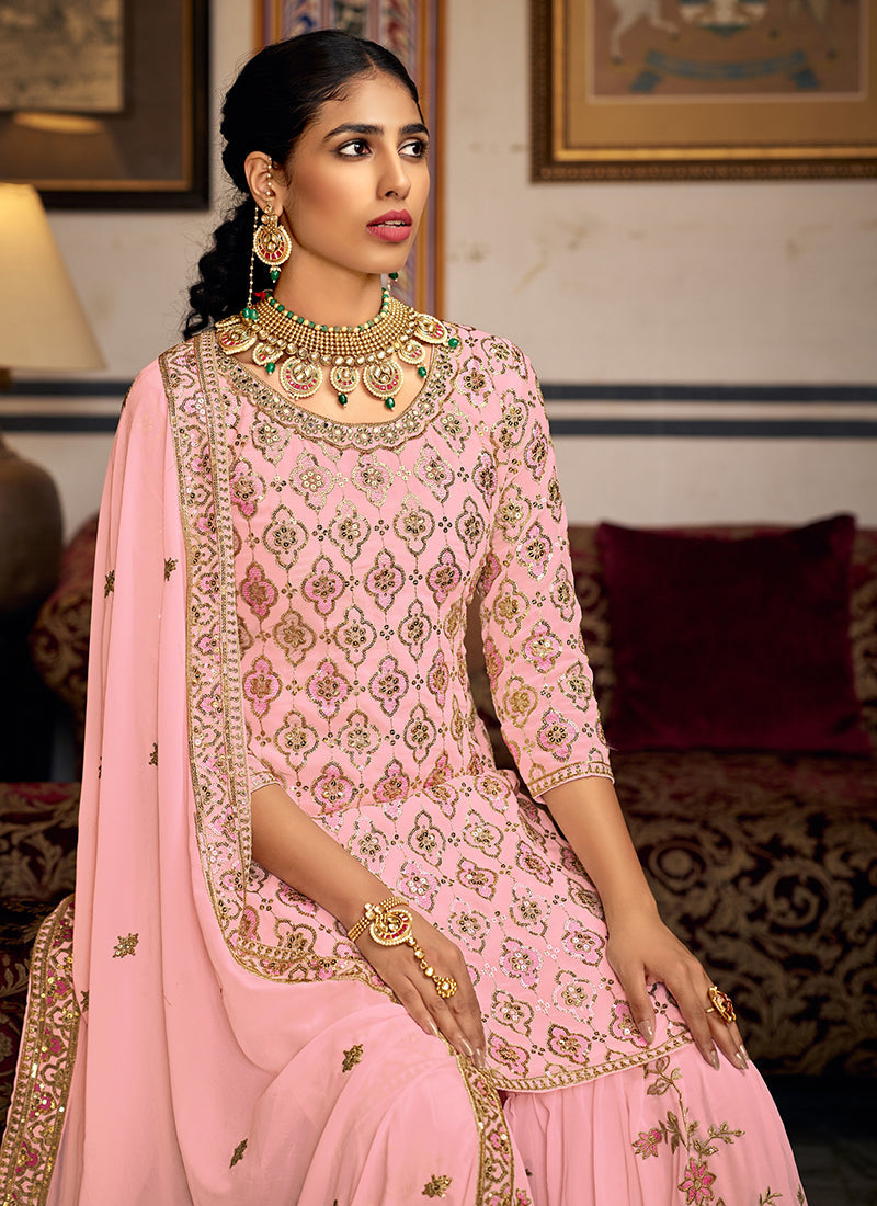 Pink Sequence Embroidery Traditional Gharara Suit