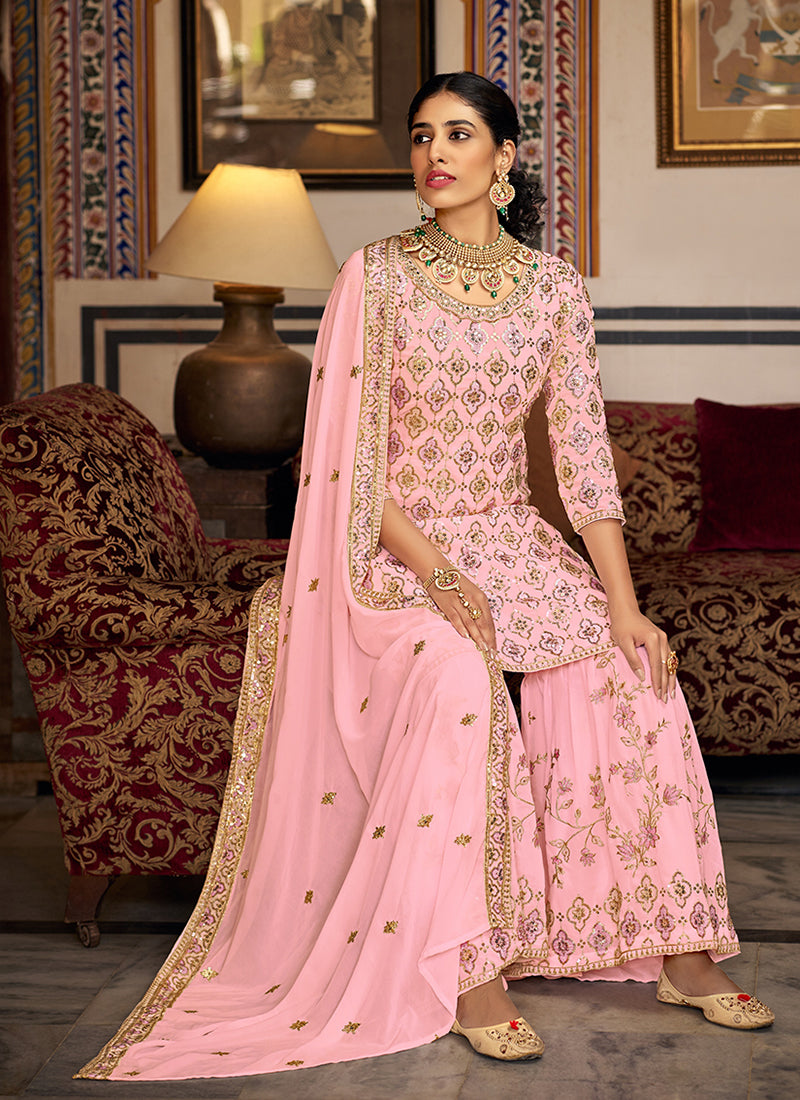 Pink Sequence Embroidery Traditional Gharara Suit