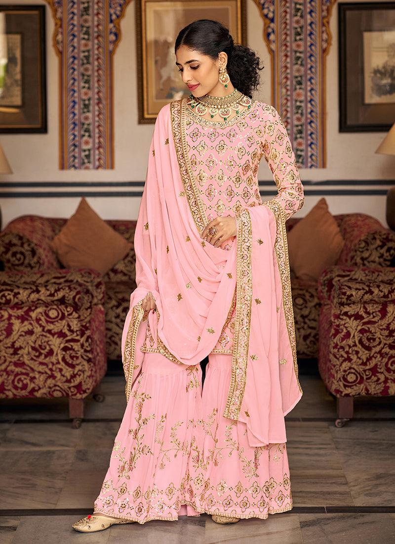 Pink Sequence Embroidery Traditional Gharara Suit