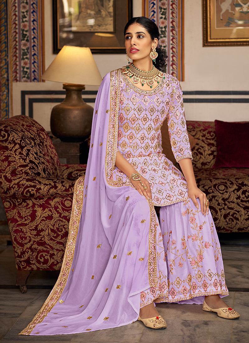 Lavender Sequence Embroidery Traditional Gharara Suit