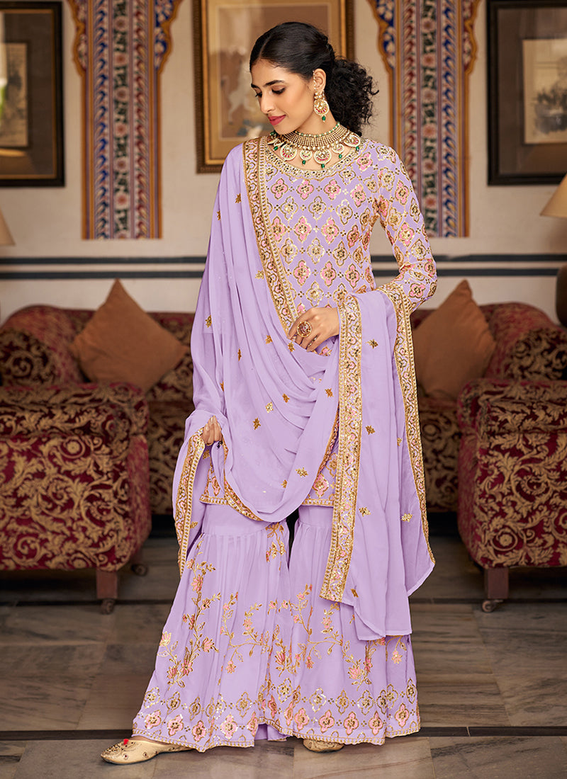 Lavender Sequence Embroidery Traditional Gharara Suit