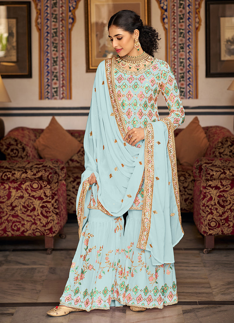 Blue Sequence Embroidery Traditional Gharara Suit