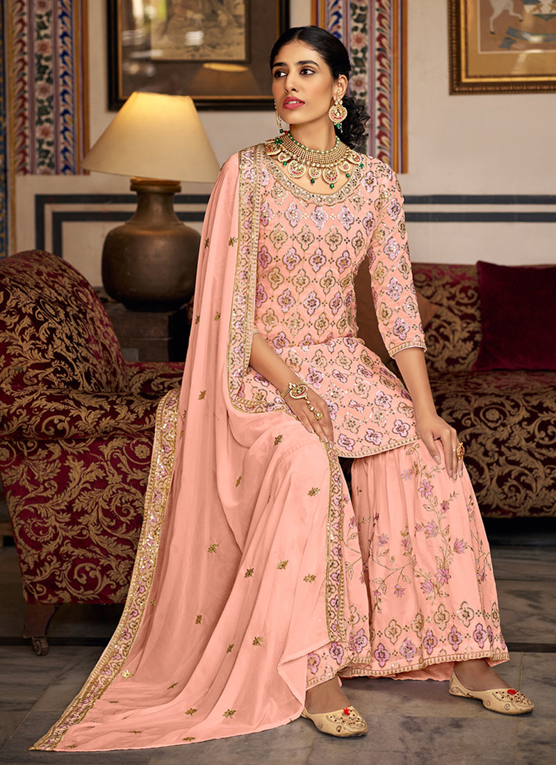 Peach Sequence Embroidery Traditional Gharara Suit