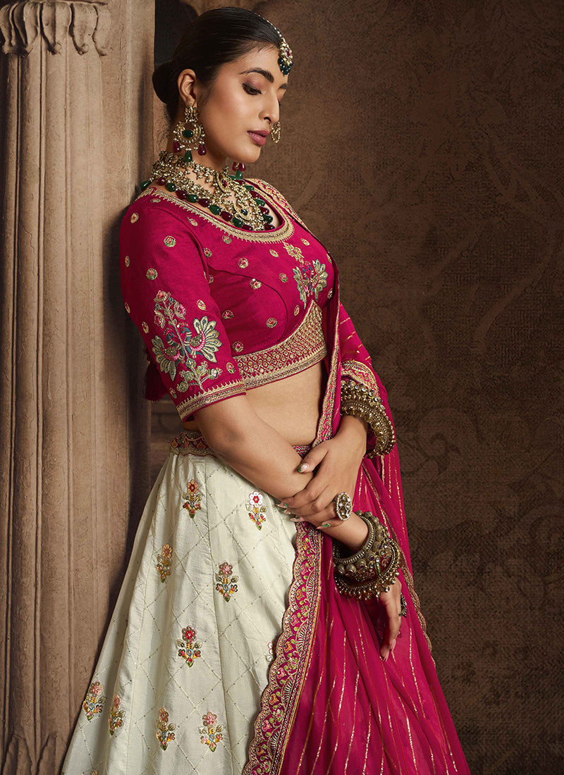 Cream Magenta Embroidery Viscose Lehenga Choli