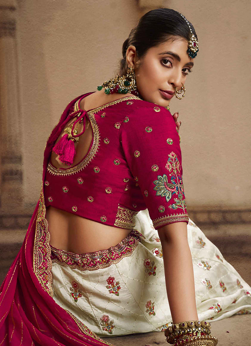 Cream Magenta Embroidery Viscose Lehenga Choli